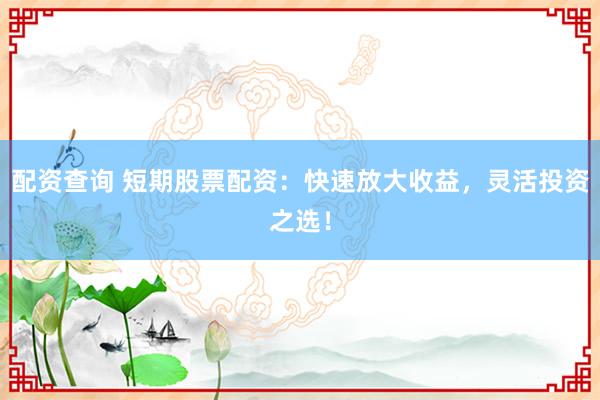 配资查询 短期股票配资：快速放大收益，灵活投资之选！